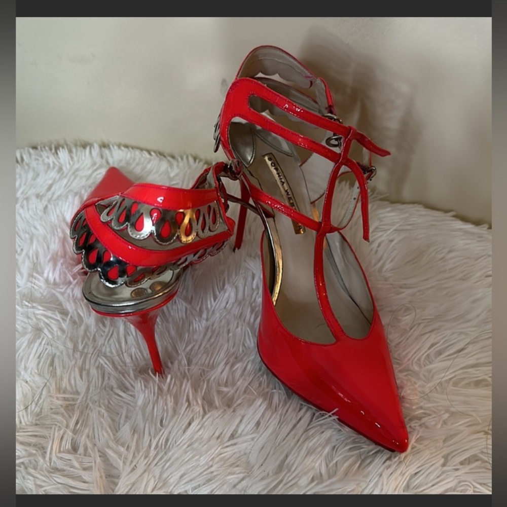 ISO Sophia Webster red patent unique T-strap design pointy toe heels 10 1/2  11